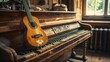 Vintage guitar resting against an old piano in a sunlit room filled with antique furniture and a nostalgic ambiance