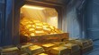 A treasure trove of gold bars is neatly stacked inside an open vault, bathed in warm light.