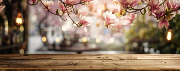 Canvas Print - Blossoming magnolia and wooden table background