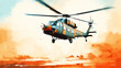 A military helicopter is flying in the sky. The helicopter is painted in camouflage colors and has a large gun mounted on its side.