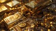 A close-up of stacked gold bars with intricate details, alongside various gold coins.