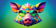 A colourful geometric representation of a pig's face is adorned with green glasses. The background is a gradient of blue and green hues that complement the bright colours of the subject.AI generated.