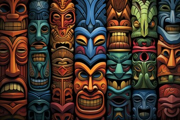 Tiki mask tribal pattern banner. Retro travel texture art vacation. Generate Ai