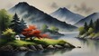 Japanese Waterscape Watercolor Painting for Wall Art & Cultural Designs,Japanese art, traditional painting, scenic beauty, rural landscape, artistic depiction