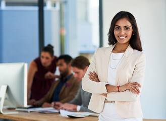 Wall Mural - business woman, portrait and confident in office for work, company and job with smile. indian lawyer