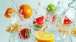Tropical juicy fruits in water on light background. Healthy food concept