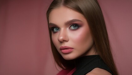 Wall Mural - young woman with makeup in fashion clothes on pink background