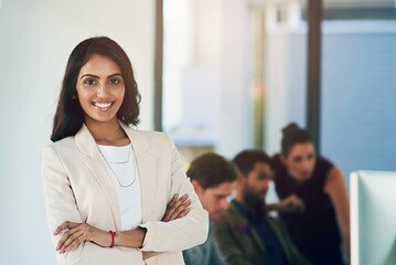 Wall Mural - indian woman, business and portrait with arms crossed in office with colleagues, professional or com