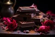Pieces of delicious craft chocolate bars and red roses, craft chocolate banner