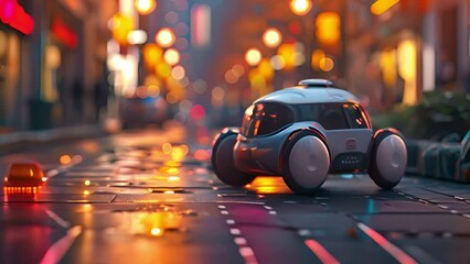 Aufkleber - Sleek robot exploring a rain-soaked cityscape as evening lights glimmer.