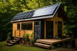 © juliars - Tiny house solar panels roof. Cost panel. Generate Ai
