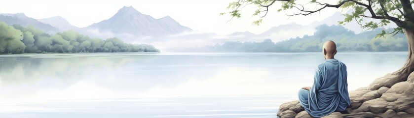 Watercolor illustration of a single monk meditating by a peaceful river, with the gentle flow of water illustrated in serene blues