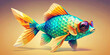 It depicts a brightly coloured fish with a geometric pattern wearing a pair of red framed round sunglasses. Its fins and scales are in kaleidoscope colours, giving it a playful and artistic look.AI ge