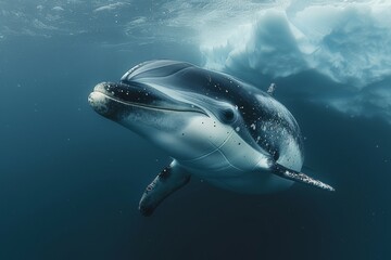 Wall Mural - A stunning image capturing a dolphin smoothly gliding through chil, underwater scenery, beautifully contrasted by the presence of icebergs