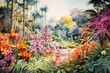Tropical forest with vivid trees, plants and flowers, watercolor