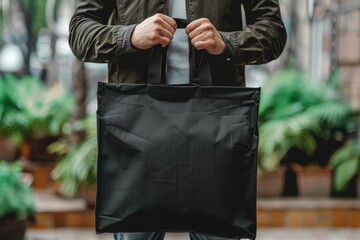 Wall Mural - A man is holding black tote bag canvas fabric for mockup blank template, Empty reusable tote bag mockup