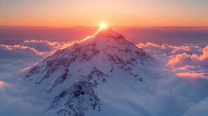 Poster -   A stunning view of a mountain peak at dawn with the sun rising above and misty clouds below