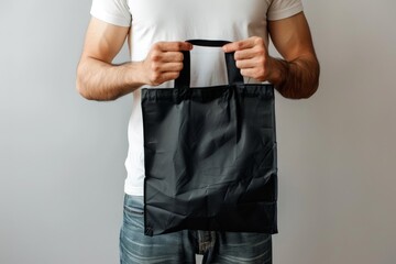 Wall Mural - A man is holding black tote bag canvas fabric for mockup blank template, Empty reusable tote bag mockup