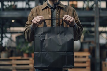 Wall Mural - A man is holding black tote bag canvas fabric for mockup blank template, Empty reusable tote bag mockup