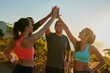 © peopleimages.com - Friends, group and high five for running exercise on mountain for park trail, support or fitness. Men, women and hand gesture for training goals or sport target with celebration, morning or nature