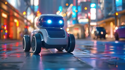 Aufkleber - A sleek robot explores an illuminated urban environment during evening hours.