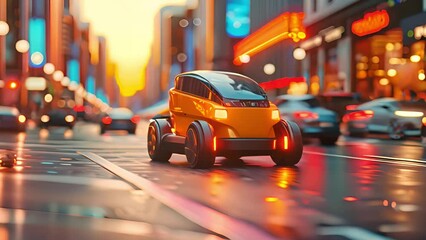 Aufkleber - A self-driving car cruises the urban streets as evening lights blaze.