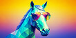 A brightly coloured geometric representation of a horse in sunglasses takes centre stage against an equally bright gradient background of warm and cool tones. The horse is playful yet stylish.AI gener