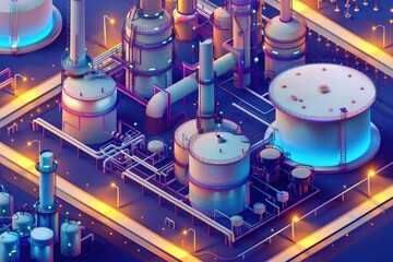 Canvas Print - A factory with multiple tanks and pipes, suitable for industrial concepts