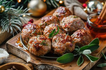 Canvas Print - Plate of meatballs on a rustic wooden cutting board, perfect for food blogs and recipes