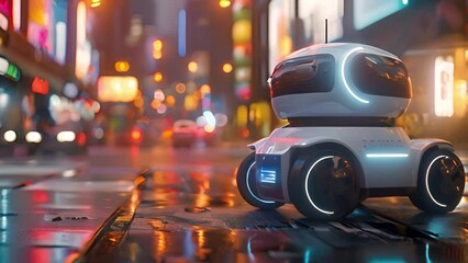 Aufkleber - A small autonomous robot explores an urban environment with glowing lights.