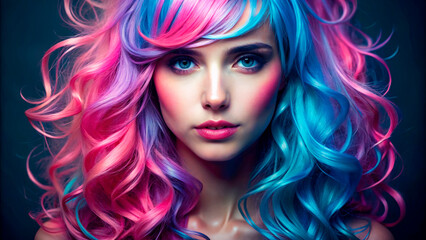 Sticker - Portrait of a beautiful woman with blue and pink hair