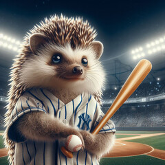 Wall Mural - Hedgehog baseball player at the stadium.