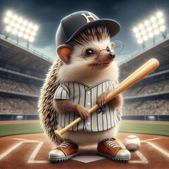 Hedgehog baseball player at the stadium.