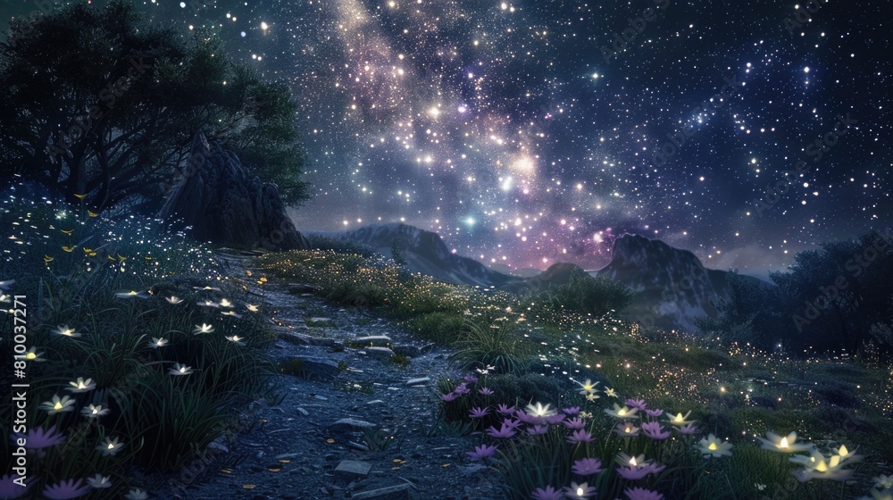 Beautiful field of flowers under a starry night sky. Perfect for nature ...