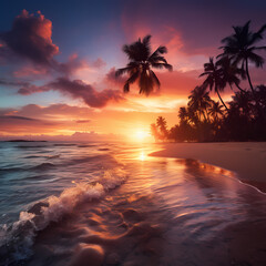 Wall Mural - Tropical beach at sunset with palm trees.