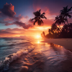 Sticker - Tropical beach at sunset with palm trees.