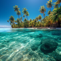 Wall Mural - Tropical beach with palm trees and clear blue water
