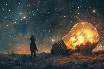 Wall Mural - a person standing in front of a glowing light bulb. suitable for concepts of creativity and ideas