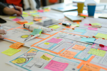 A table with a white board covered in colorful sticky notes
