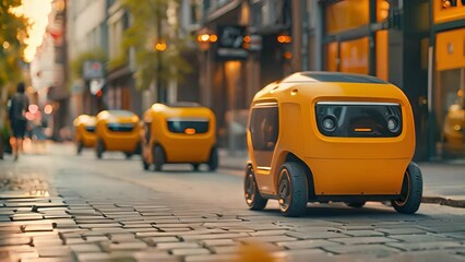 Aufkleber - A fleet of yellow self-driving delivery bots rolling through an urban alley.