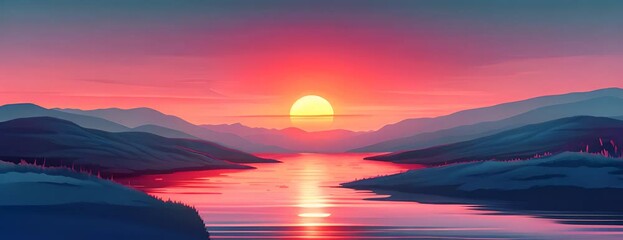 Wall Mural - A dreamy sunset over a tranquil river, casting a warm, golden hue over the surrounding landscape. Digital art style vector flat minimalistic isolated illustration. 4K Video