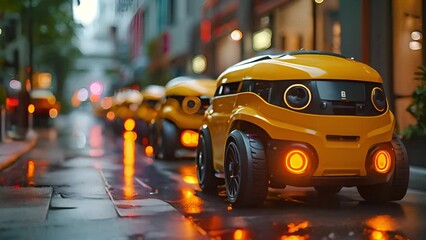 Aufkleber - A fleet of yellow robotic couriers lined up along a city sidewalk after the rain.