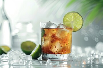 Sticker - Close up of a refreshing drink in a glass with ice and lime. Perfect for beverage ads