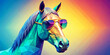 A vibrantly colored, low-poly styled horse is depicted wearing a pair of funky sunglasses. The background features a dynamic, geometric array of colors that give off a retro aesthetic.AI generated.