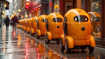 Aufkleber - A fleet of robotic couriers navigates a wet urban sidewalk.