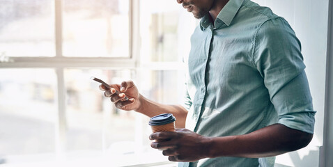 Wall Mural - office, hands and man with phone, coffee cup and scroll on social media, email or online chat. netwo