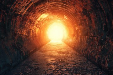 Wall Mural - A bright light shining at the end of a dark tunnel. Suitable for illustrating hope and overcoming challenges