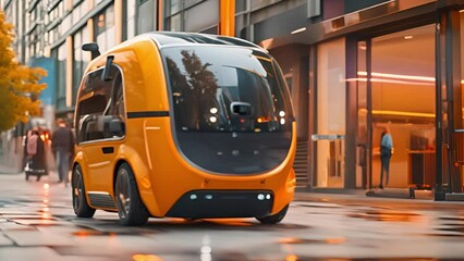 Aufkleber - Self-driving electric pod navigating through the city at twilight.