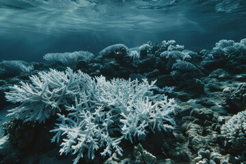 Wall Mural - Coral Bleaching, Colorless coral reefs underwater, Impact of ocean warming, Marine biodiversity at risk