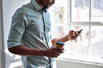 Aufkleber - Office, hands and man with phone, coffee and scroll on social media, work email or online chat. Networking, communication and creative professional with smartphone for business connection with drink
